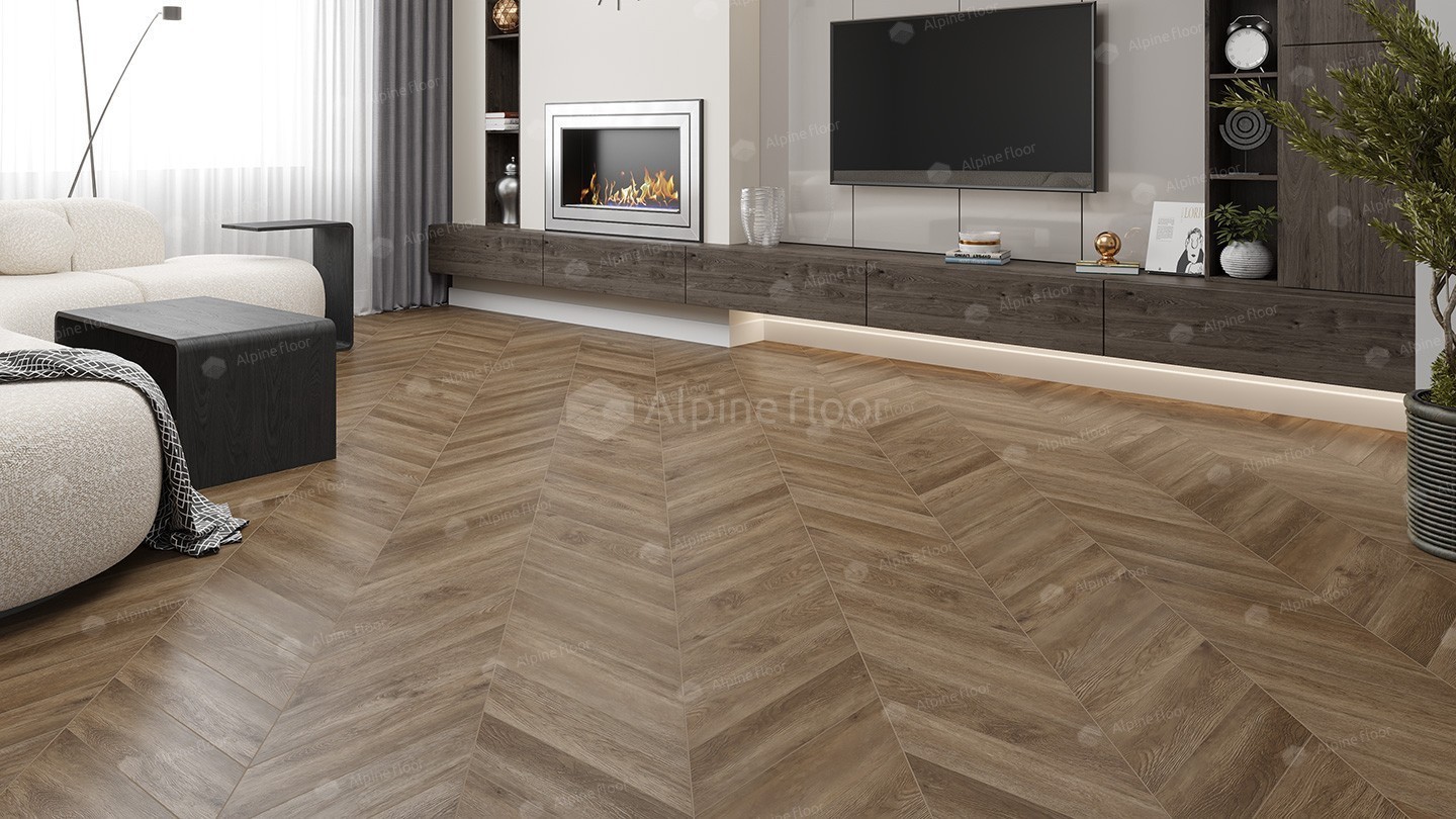  ЗАМКОВАЯ ПЛИТКА  ALPINE FLOOR CHEVRON  Макадамия ECO 18-5  5мм-0.5 мм (1.6764м2)